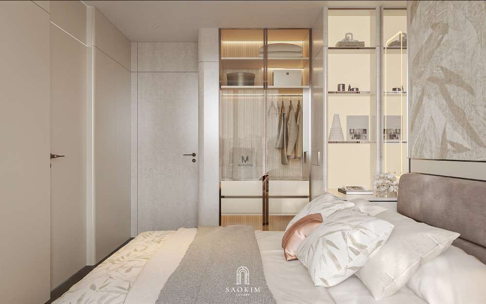 Thiết kế nội thất không gian phòng ngủ trong thiết kế nội thất chung cư cao cấp Lumière Evergreen phong cách Quiet Luxury
